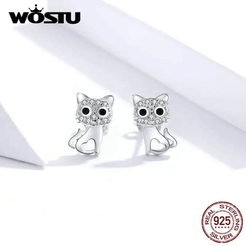 WOSTU милые серьги с котом настоящие 925 пробы серебряные ювелирные изделия с фианитами маленькая кошечка для женщин Горячая Мода ювелирные изделия подарок CQE797