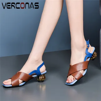 

VERCONAS Women New Arrival Buckle Slippers Genuine Leather Casual Shoes Square Toe High Quality High Heeled Sandals Shoes Woman