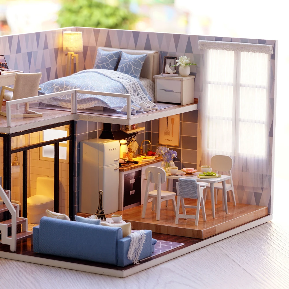

DIY Miniature Loft Dollhouse Mini 3D Wooden House Miniature Furniture Handmade Toy Whole Home Bathroom Kitchen Living Bed Room