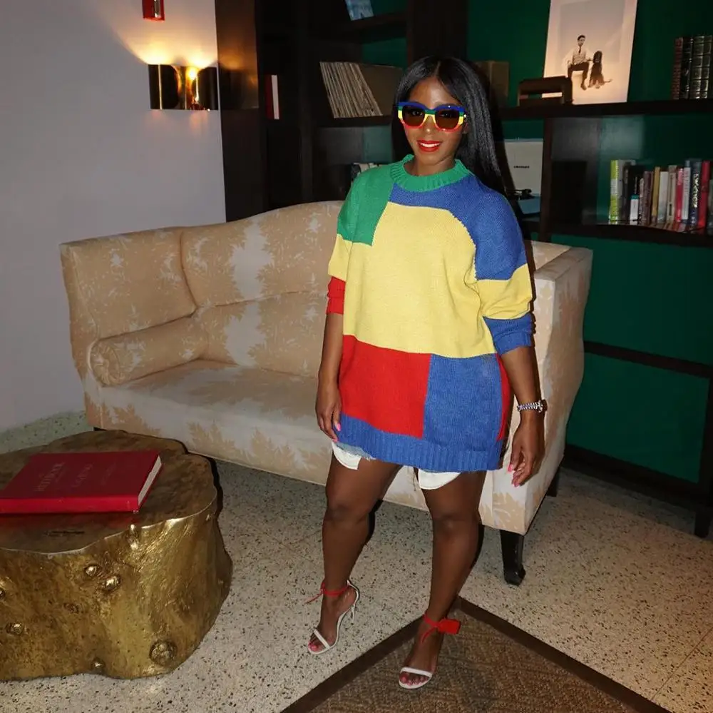 Новинка, контрастный цвет, индивидуальная Лоскутная Мода, осенняя уличная одежда, длинный рукав, о-образный вырез, Свободные повседневные женские топы M987G