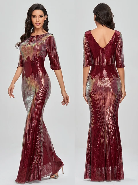 Sleeveless O-neck Evening Party Dress Shinning Sequins Mermaid Prom Gowns Elegant Slim Robe De Soriee Women Full Dress 2021 New 29 Burgundy