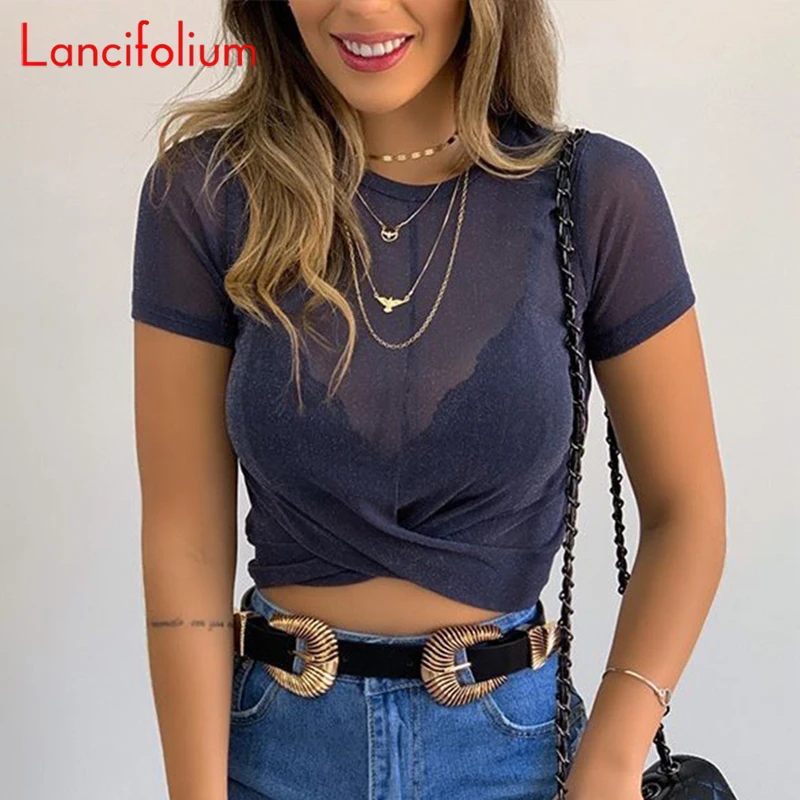 

Sheer Crop Top Women Summer Bling GlitterT Shirt Knot Tie Front Tshirt Ladies Sexy Transparent Top 2020 Cropped Tee Shirt Femme