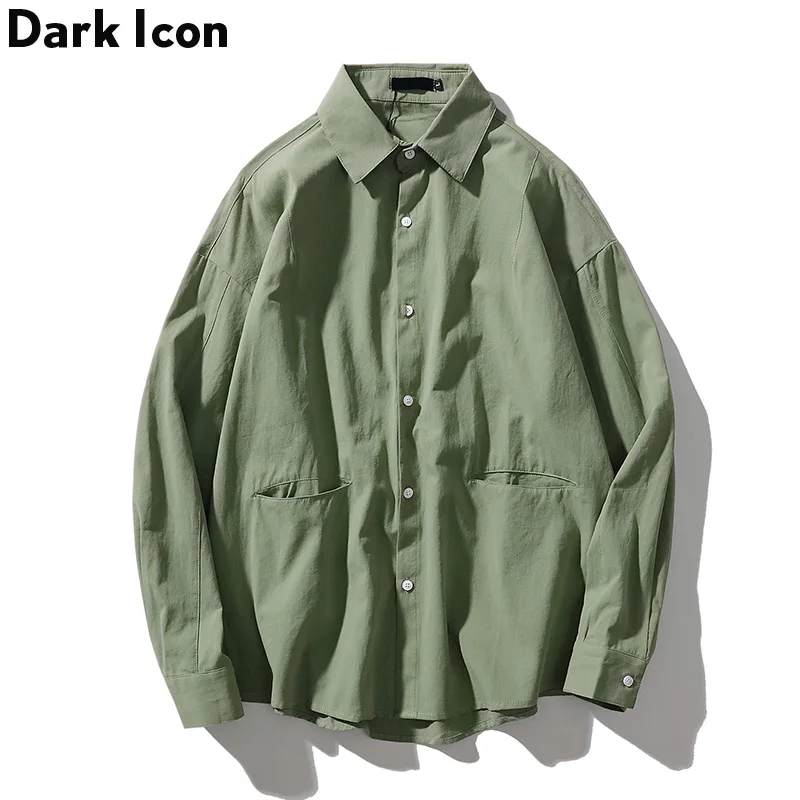 

Dark Icon Invisible Pocket Loose Style Mens Shirts Back Printing Japanese Style Shirts Men New Man Blouse Green/White/Khaki