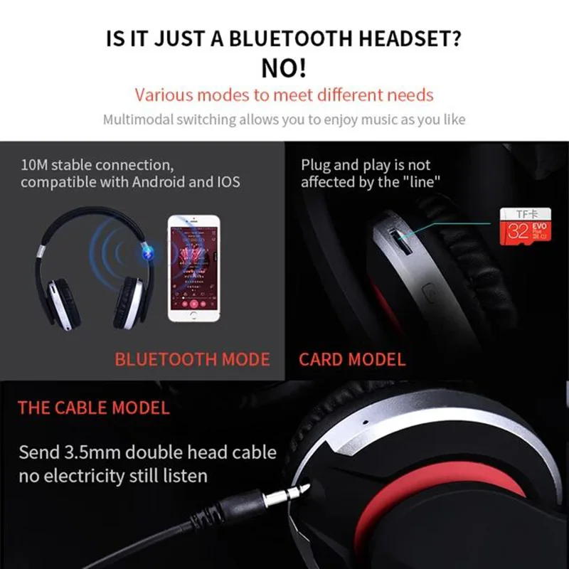 MH7 Wireless Headphones Bluetooth Headset Foldable Stereo Gaming Earphones With Microphone Support TF Card For IPad Mobile Phone