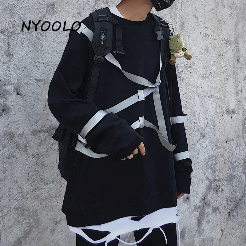 NYOOLO Harajuku уличная функциональная лента толстовки Осень Свободный Длинный рукав хип хоп пуловеры толстовка женская мужская одежда