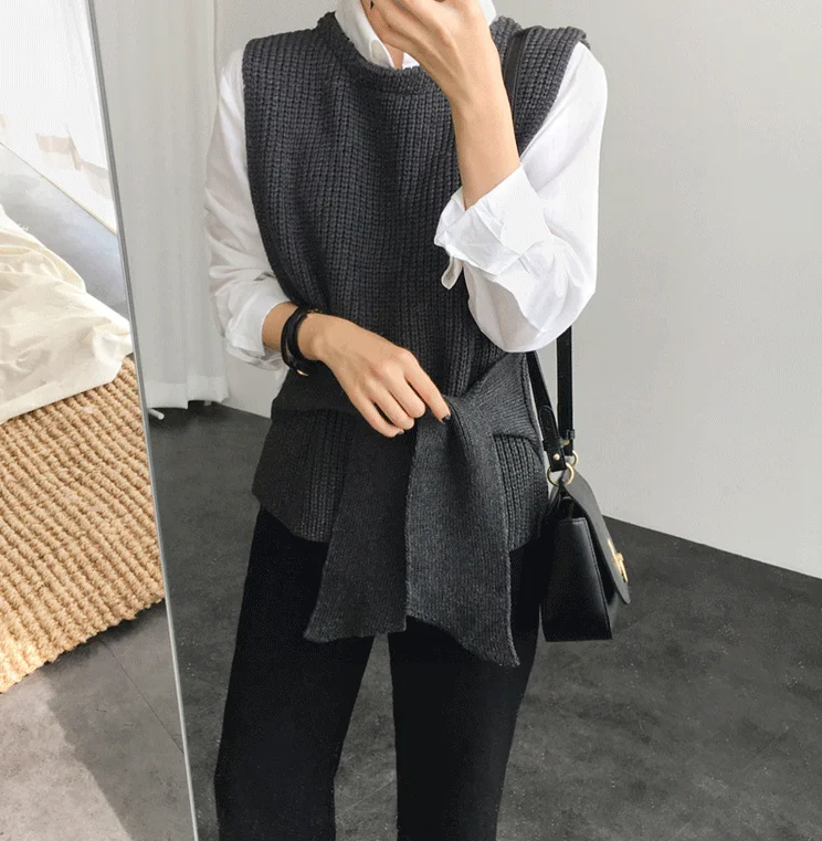 Dingaozlz Autumn Winter Women Vest sweater Korean fashion Pullovers Tops Bow tie Casual Sleeveless Female Knitted shirt