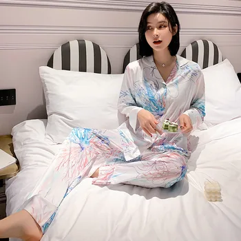 

Lady Spring New Satin 2PCS Sleep Set Pajams Casual Intimate Lingerie Kimono Bathrobe Gown Silky Homewear Nightwear Nightgown