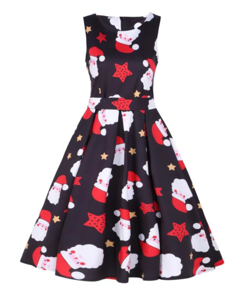 Lossky Dress Christmas Print Women Sleeveless Black Vintage Party Dresses Plus Size Ladies Dinner Clothes Vestidos Festa