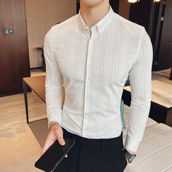 

Men's Striped Shirts 2020 New Casual Long Sleeve Slim Fit Fashion Business Social White Shirt