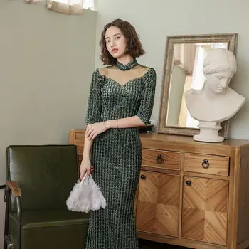 

Chinese Style Dress Elegant Daily Slimming Solid Color Pleuche Short Sleeve Long Cheongsam Dress женское платье