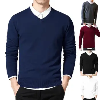 

Spring Men Solid Color V Neck Long Sleeve Slim Pullover Plus Size Knitwear Sweater