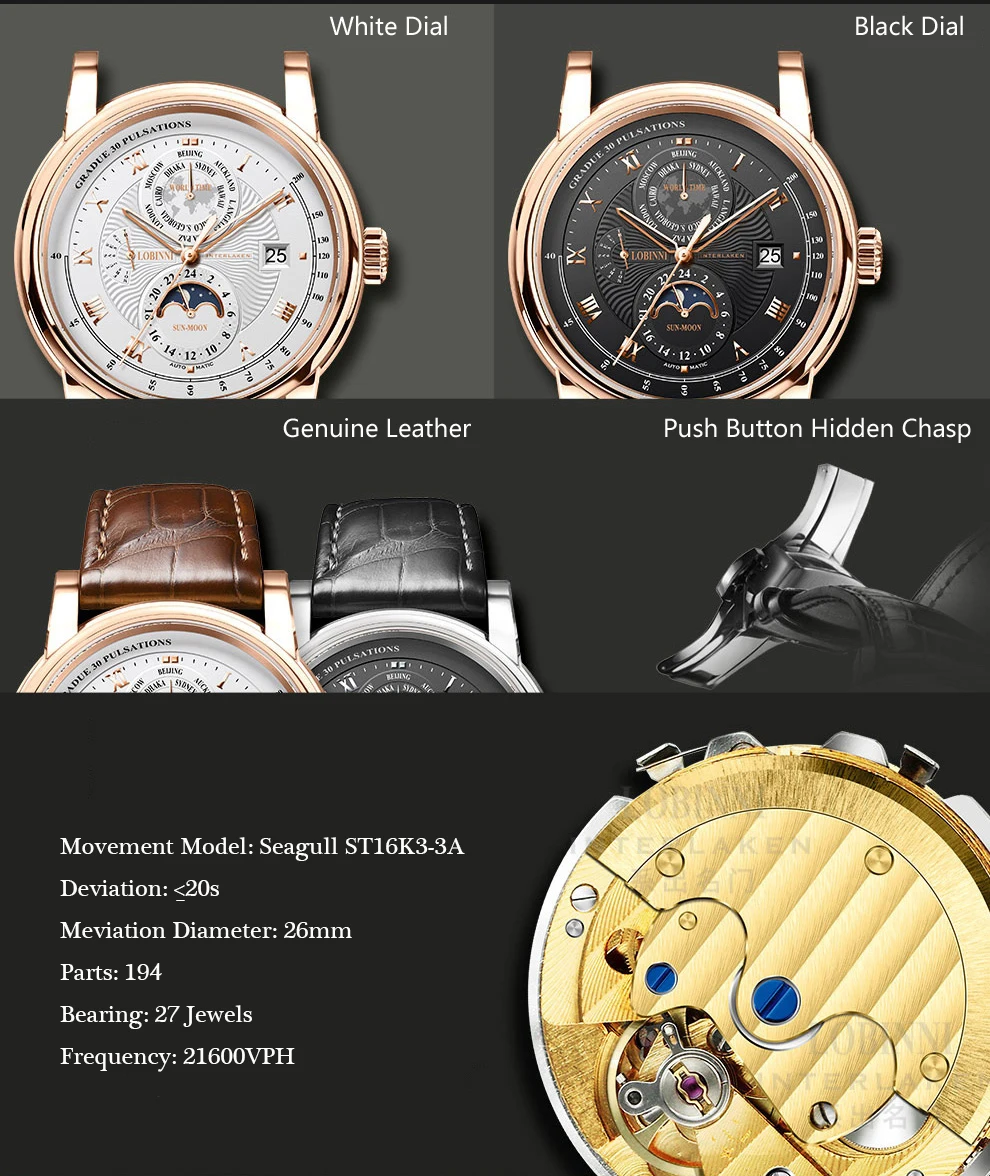 LOBINNI Men Watch Luxury Brand Moon Phase Automatic Mechanical Men's Wirstwatches Sapphire  World Time relogio masculin L16003-2