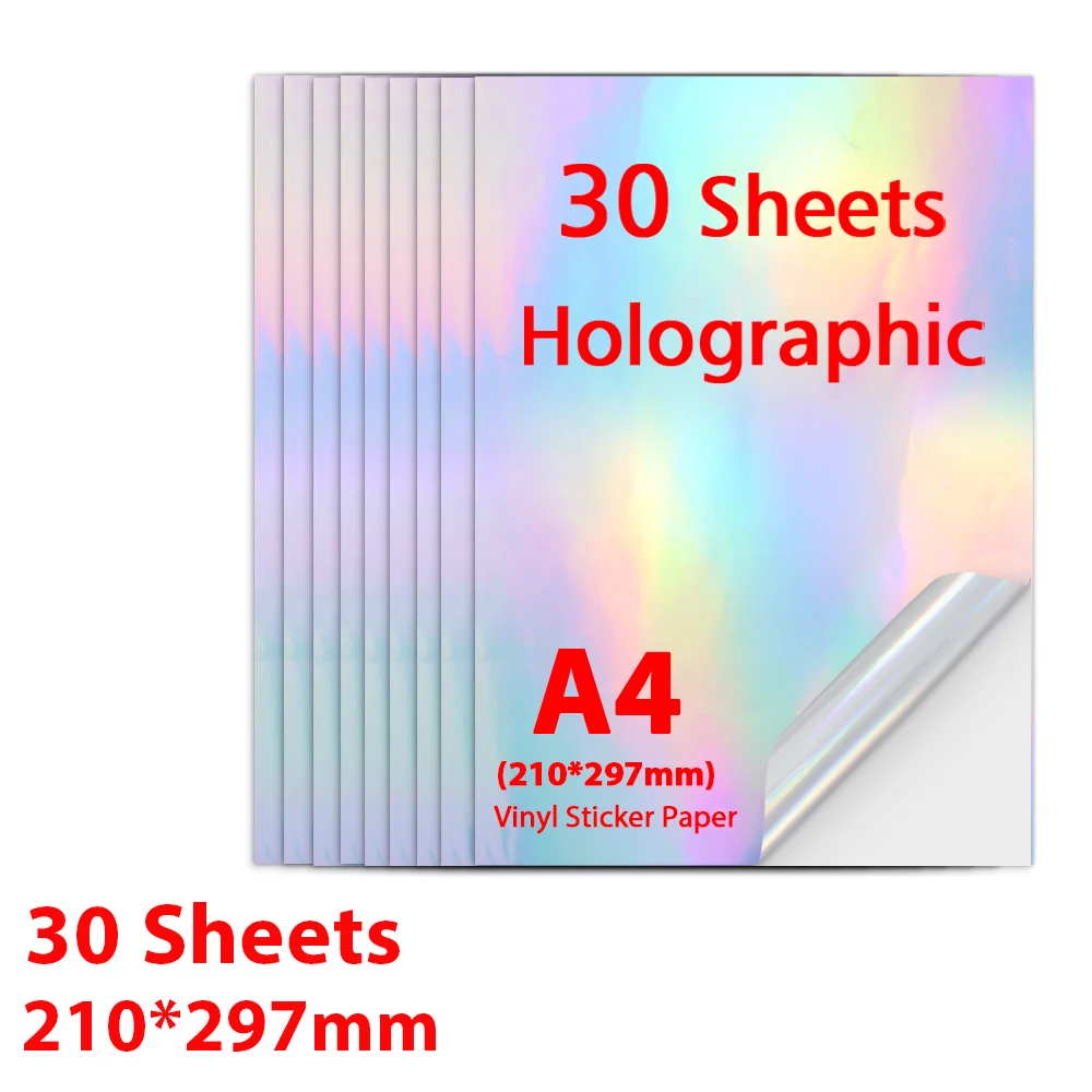 

30 Sheets A4 Holographic Sticker Waterproof Printable Vinyl Sticker Paper 210*297mm Self-adhesive Laser InkJet Stickers Label