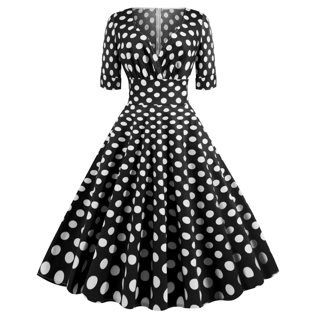 Women Dresses Summer Short Sleeve Dress Bohemian Dot Print V-Neck Draped Vintage Ball Gown Dress Women Boho Dress 2020