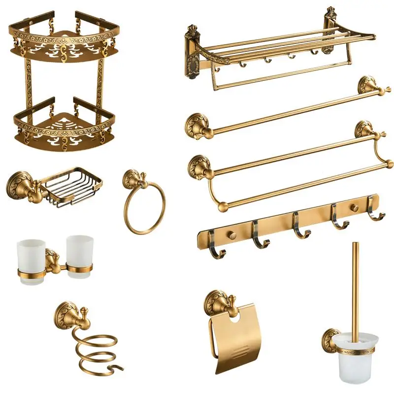 AntiqueBrassBathroomAccessoriesSetShelfTowelBarCupHolders