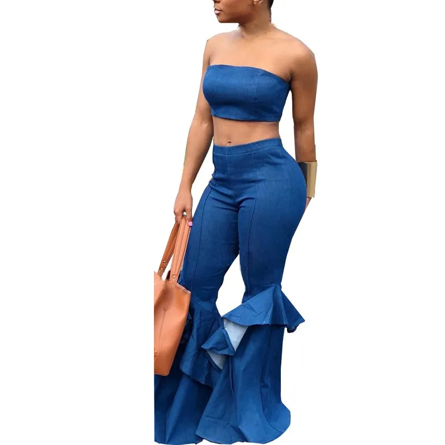 

Nice Summer Women Denim Two Piece Set Strapless Crop Top And Jeans Flare Pant Suit Matching Sets Sexy Outfits