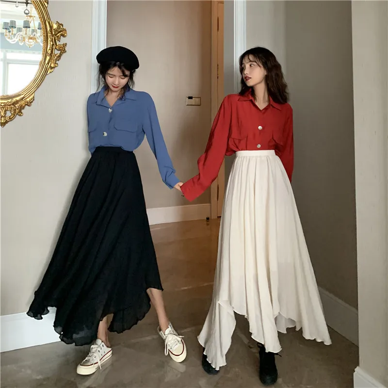 

Photo Shoot 2019 Chiffon Skirt Women's Mid-length Irregular High-waisted Solid Color A- line