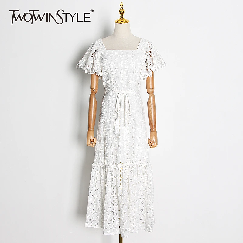 TWOTWINSTYLE Casual Hollow Out Dresses Female Square Collar Short Sleeve High Waist Lace Up Bow Midi Summer Dress Women Fashion TWOTWINSTYLE Casual Hollow Out Dresses Female Square Collar Short Sleeve High Waist Lace Up Bow Midi Summer Dress Women Fashion