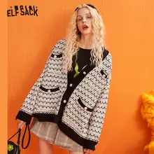 ELFSACK Colorblock Metal Button Vintage Knitted Cardigans Women Sweaters Winter Single Breast Office Ladies Daily Sweet Top