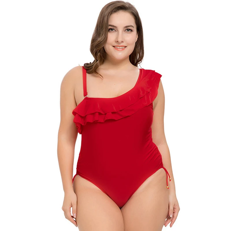 Купальник размера плюс, Женский цельный купальник, Одноцветный купальный костюм с оборками, летняя пляжная одежда размера плюс, купальный костюм XL-4XL - Цвет: Красный