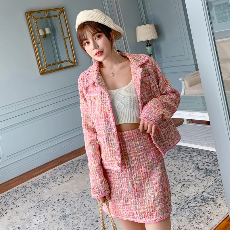 

Autumn winter women elegant skirt suit women's short Tweed Blazers jacket coat&skirt two-piece set Women's Sets 2 piece outfits