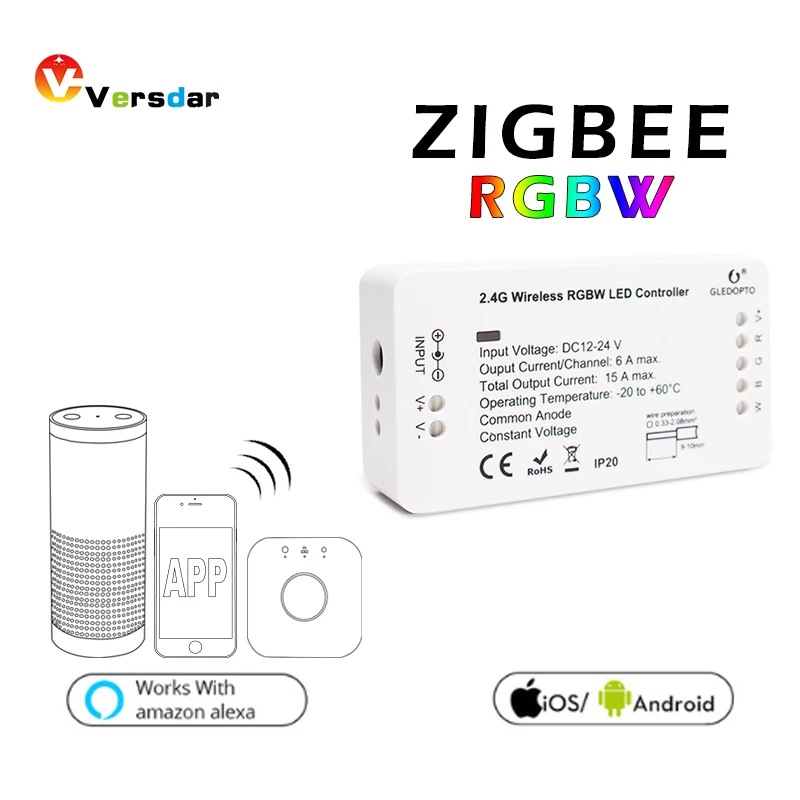 Светодиодный контроллер ZigBee Smart RGBW DC12-24V совместимый с Alexa Echos Plus управление