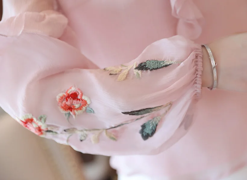 Женские блузки mujer de moda Осенняя блузка с длинными рукавами и оборками модная шифоновая блуза с вышивкой Большие размеры женские топы