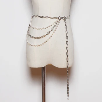 

High Quality Metal Alloy Waist Chain Women Multi-layers Pearl Fringe Contracted Body Chain Retro Geometric Waist Chain Belts