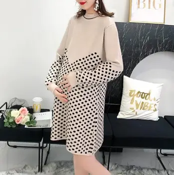 

Autumn and winter maternity sweaters medium length loose oversize Pullover long sleeve knitted bottoming and polka dot top skirt