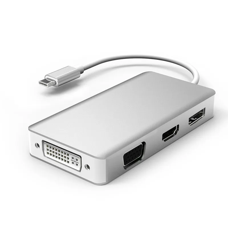 Тип-c кабель-Переходник USB C на Dp VGA, HDMI, DVI 4 в 1 многофункциональная док-станция для алюминиевое снабжение жилья светом, Тип-конвертер - Цвет: Серебристый