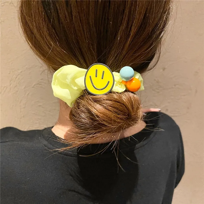 Women Girl Scrunchies Elastic Hair Ties Bands Smile Face Yellow Summer Fashion Korean Mujer Head Accessories Hyuna Wholesale