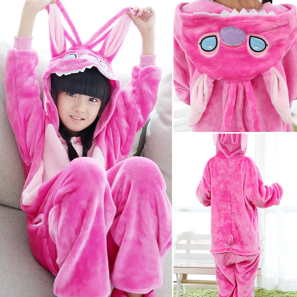 Kigurumi/Детские фланелевые пижамы; детская зимняя одежда для сна; комбинезоны для мальчиков; пижамный комплект для девочек; Пижама с единорогом, тигром, пандой, стежком и животными - Цвет: Pink Stitch