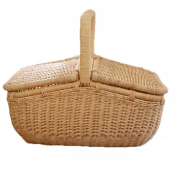 

Rattan picnic basket with lid environmental protection blue outdoor camping garden portable
