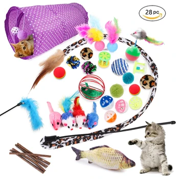 

Puppy Pet Dogs Cat Chew Molar Toys 28pcs Feather Teasing Toys Cat Pompom Ball Pet Teaser Bell Sound Interactive Toy