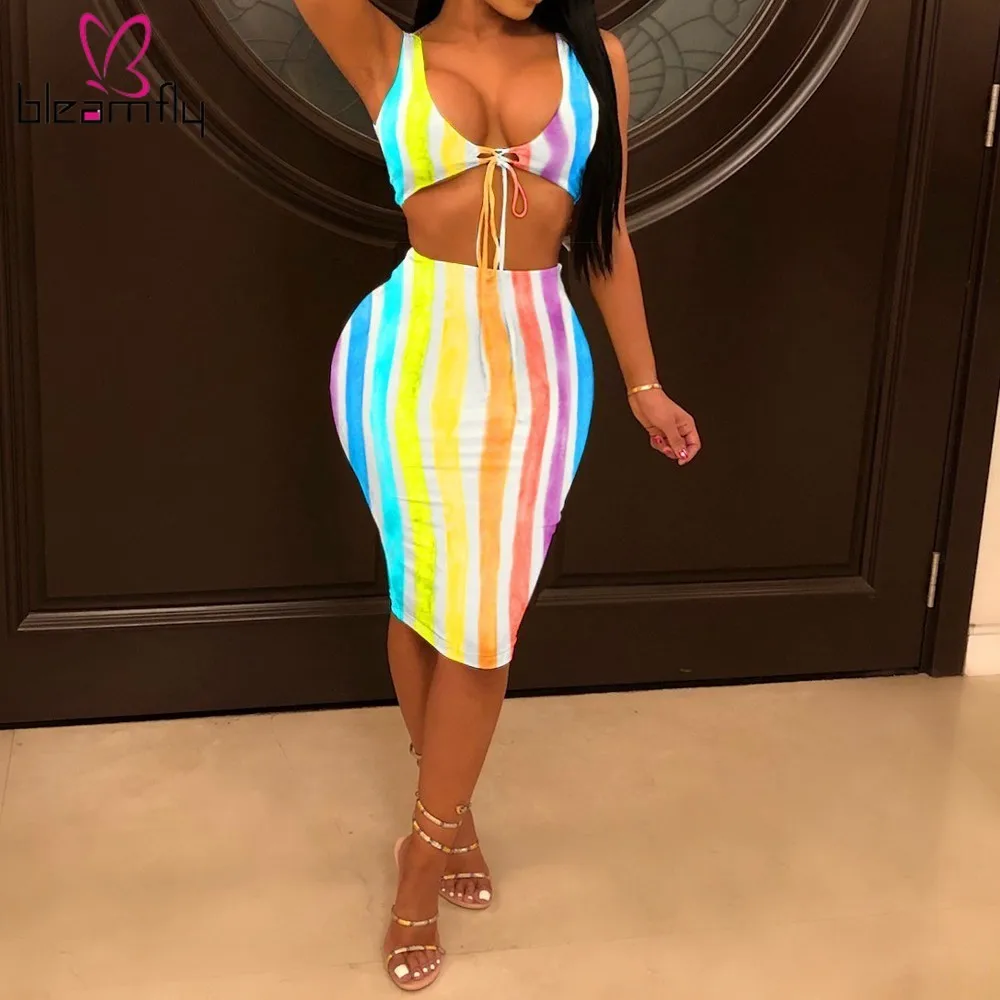 

Rainbow Striped Printed Sexy Two Piece Set V-neck Lace Up Crop Top And High Waist Bodycon Midi Skirt Sets Women Party Club Suit
