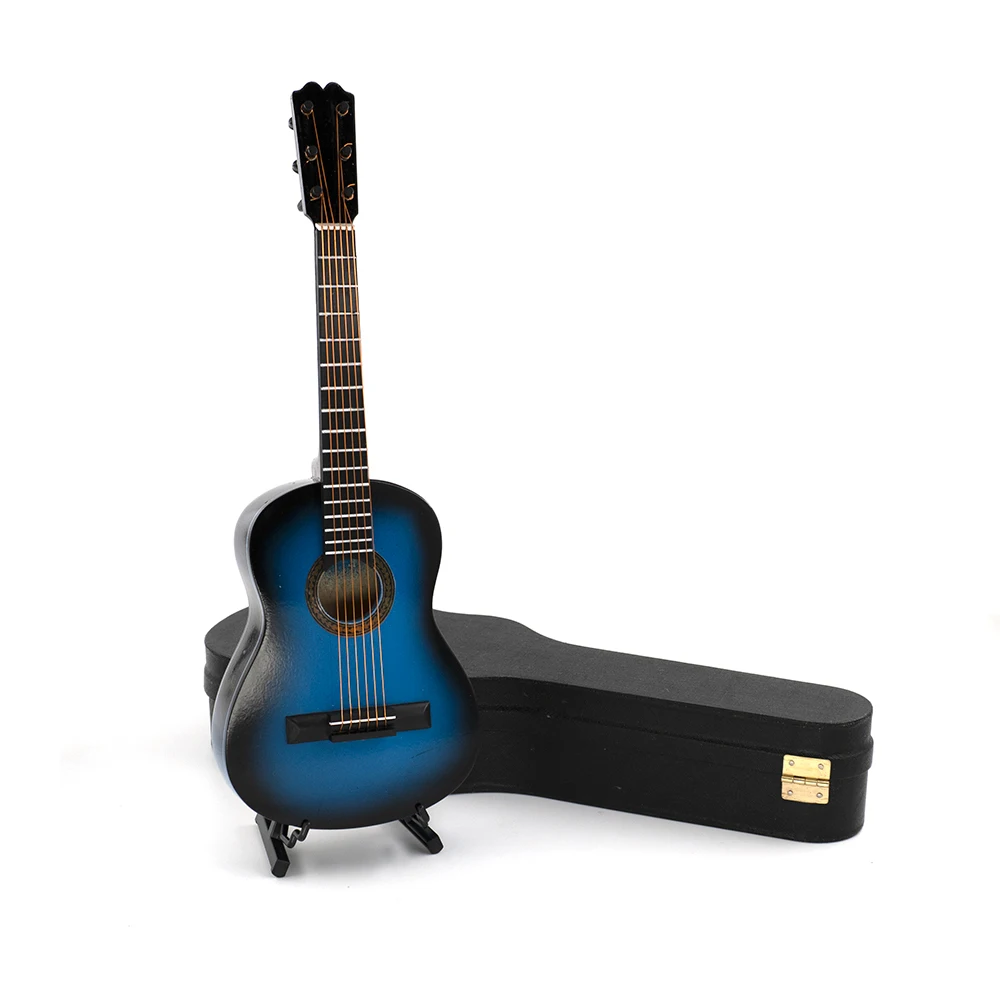 Tanie 1 sztuk drewniany miniaturowy niebieski model gitary Mini Instrument muzyczny