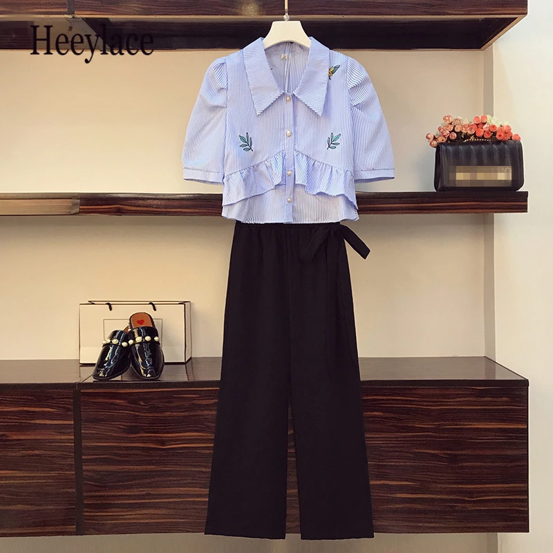 Plus Size Office Pant Suit Women Elegant embroidery striped blouse Top And Wide Leg Two Piece set Workwear Matching Set | Женская одежда