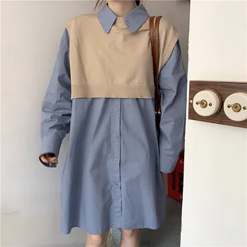 

COIGARSAM Full Sleeve Womens tops Spring Knitting Loose Straight Women shirts Blue White Shirt Dark Grey Shawl 93063