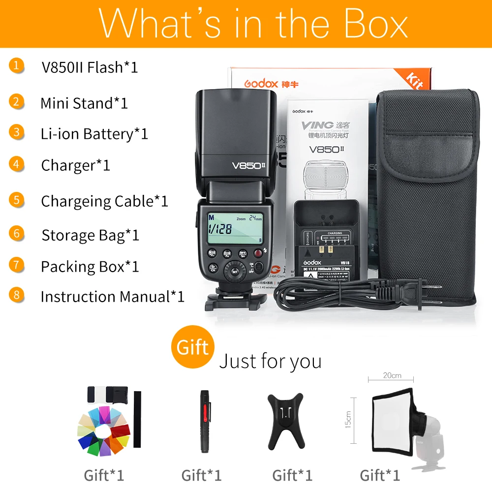 Godox V850II 2.4G GN60 Wireless X System Li-ion Battery Speedlite for Canon Nikon Sony Pentax Olympus + Free 15*20cm Softbox Kit 2