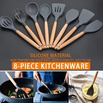 

8Pcs/set Silicone Kitchen Utensil Set Spatula Slotted Spoon with Wood Handle Baking Cooking Tools DIN889
