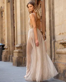 

Europe and the United States party evening dress amazon bronzing wave point deep V dress sexy perspective