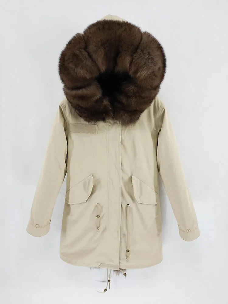 Woman's clothing solid ca sual coat Winter Jacket Real Fox Fur Collar faux fur lining Thick Warm Real Fur Coat Long Parka