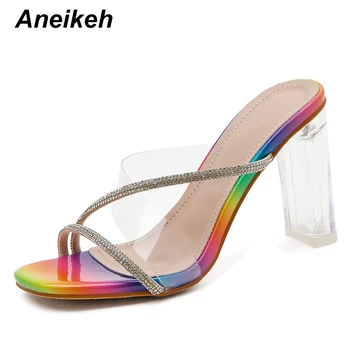 

Aneikeh 2020 Summer Woman Colour Perspex Crystal Slipper PVC Crystal High Heels Peep Toe Mules Ladies Slides Party Shoes 35-40