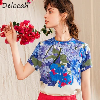 

Delocah Summer Women Fashion Designer Silk T-Shirts Short Sleeve Floral Print Loose Top Female Cool Tees Clothing Camisas Mujer