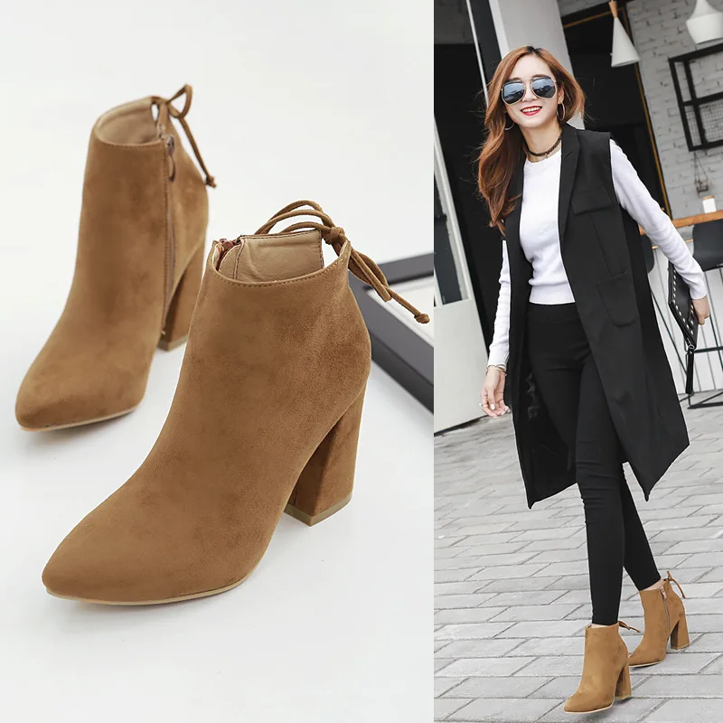 

[] Star Style Winter Suede Lace-up Short Boots Pointed Toe Chunky Heel Ultra-High Heel Shoes Martin Boots 005