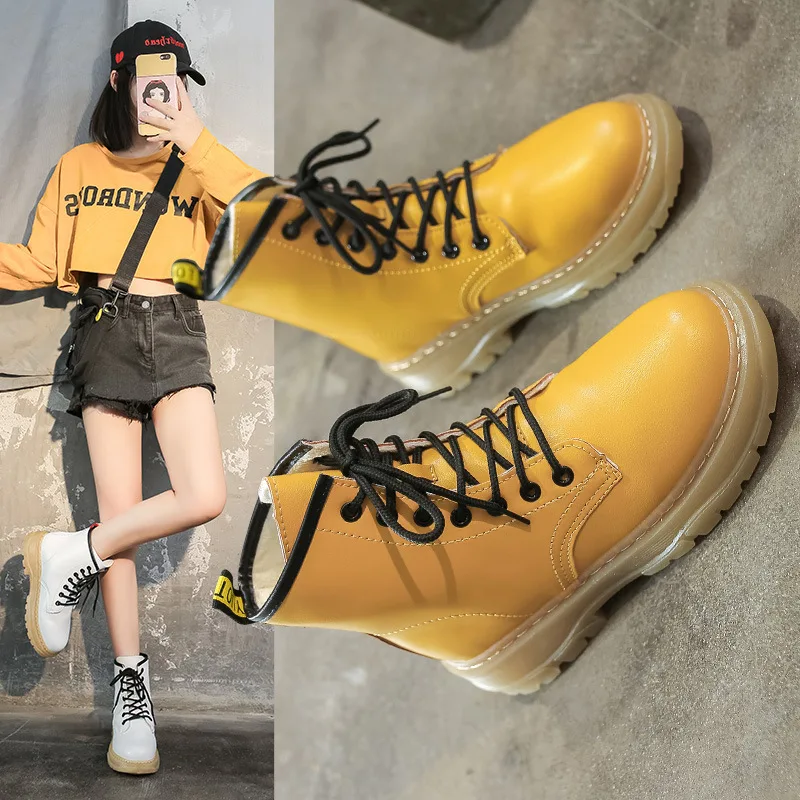 Boots Female Women Shoes Ankle 2020 Vintage Autumn British Wind PU Leather Thick With Short Boots Motorcycle Martin shoes Women