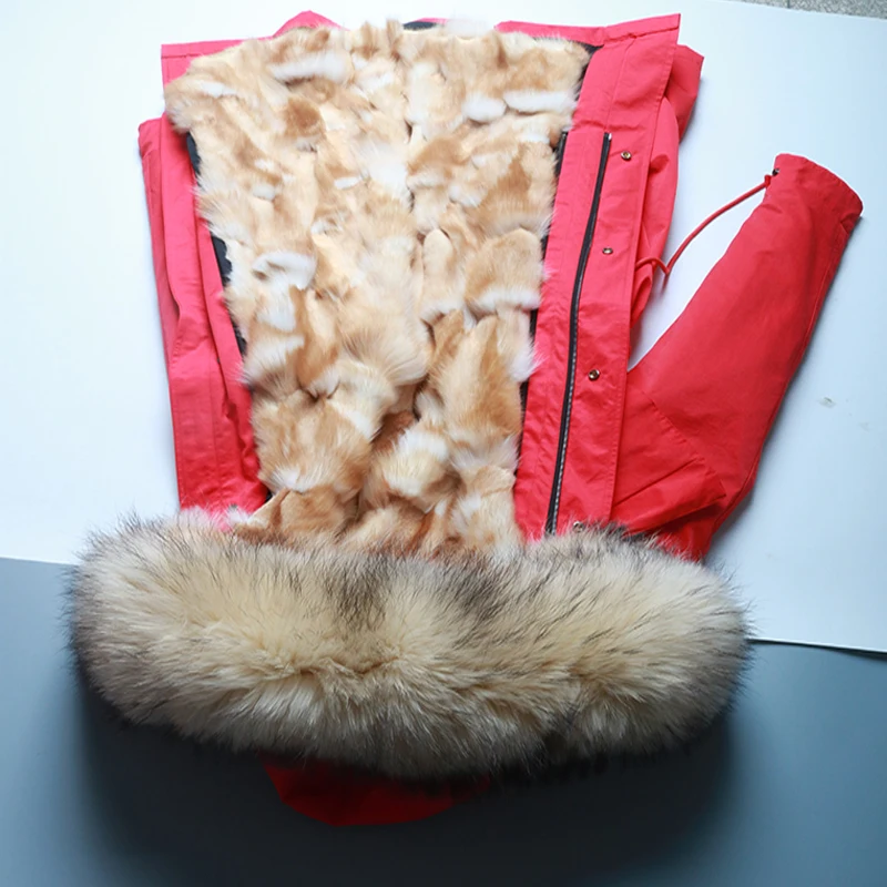Новая зимняя куртка женская красная лиса леопардовая кроличья меховая подкладка енота меховая парка натуральный Лисий меховой воротник верхняя одежда S-7XL