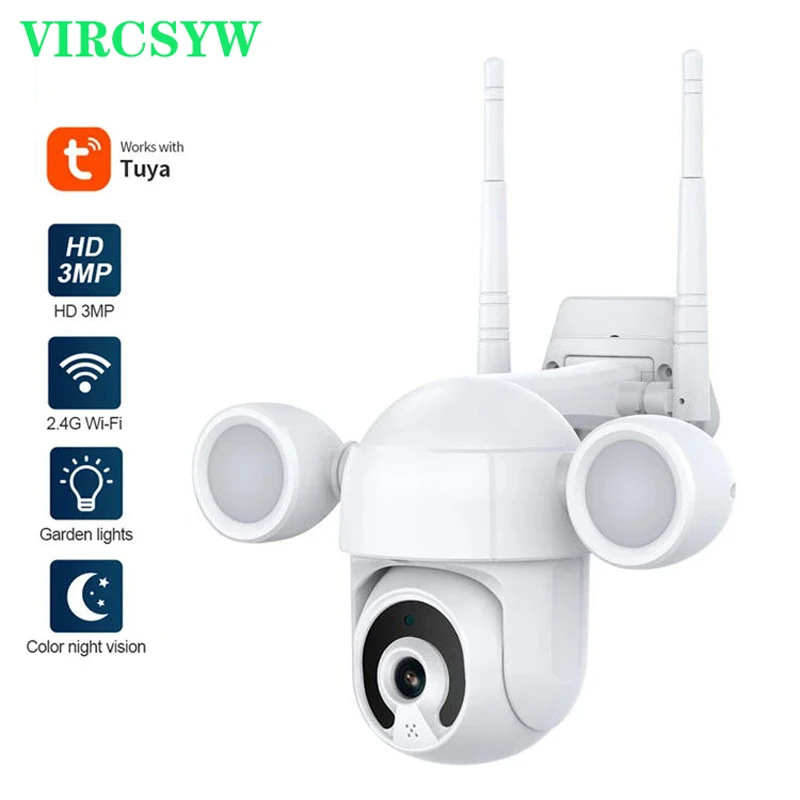 Tuya 3MP Floodlight Courtyard Lighting Camera Smart PTZ Outdoor WiFi IP IR IP66 Waterproof Home Garden CCTV Security | Безопасность и