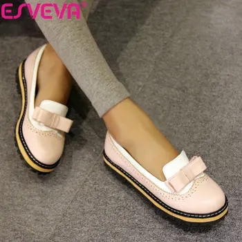 

ESVEVA 2020 Women Flat Spring/Autumn Round Toe Flat Women Shoes Sweet Patchwork Lace Shallow PU Soft Leather Shoes Size 34-43