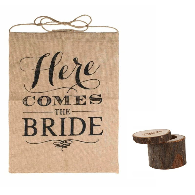 

1Pcs Wedding Ring Bearer,Rustic Ring Box,Wooden Printed " We Do "& 1Pcs "Here Comes the Bride" Wedding Rustic Ceremony Burlap Ba